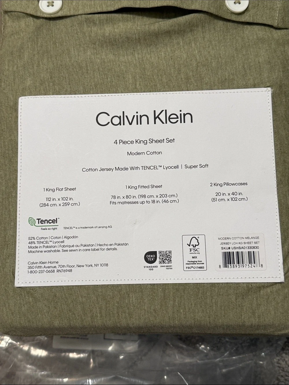 Calvin Klein Green Cotton Jersey Tencel Lyocell Sheet Set